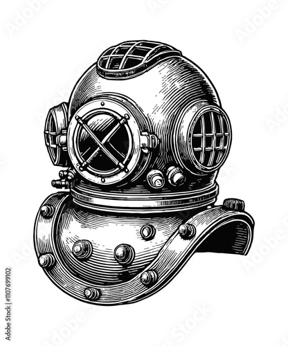 retro deep sea helmet dive engraving black and white outline