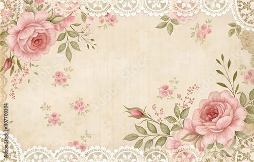 Elegant shabby chic floral background with roses and lace, ideal for wedding invitations, romantic designs, or vintage-inspired projects. Delicate details and ample space for customization.