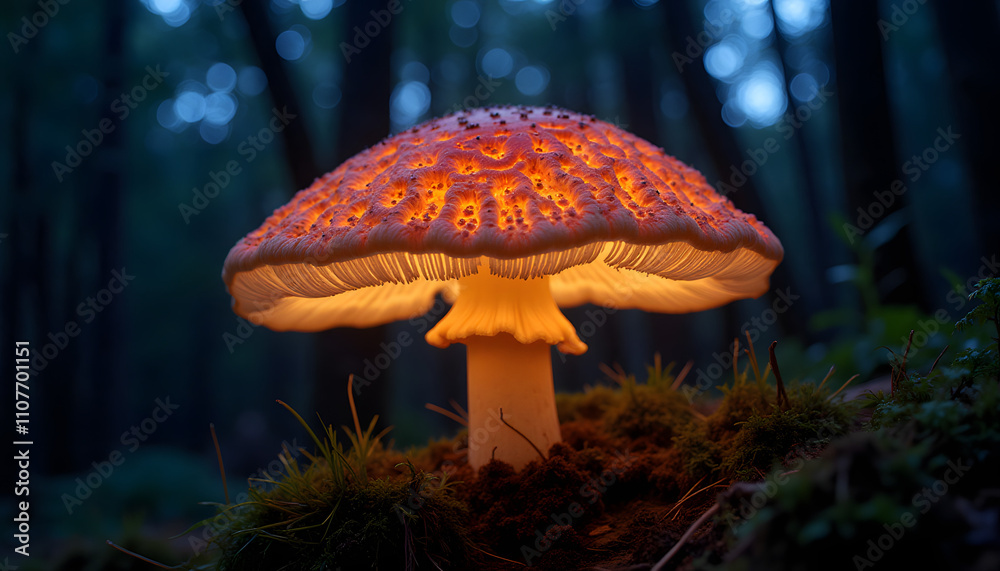 Fototapeta premium Close-up of bioluminescent mushroom radiating glow, intricate texture and patterns, soft warm lighting, mystical forest ambiance 