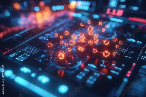 Bonding structure of materials science are relying on knowledge from physics chemistry biology and geology. Abstract digital technology with glowing nodes