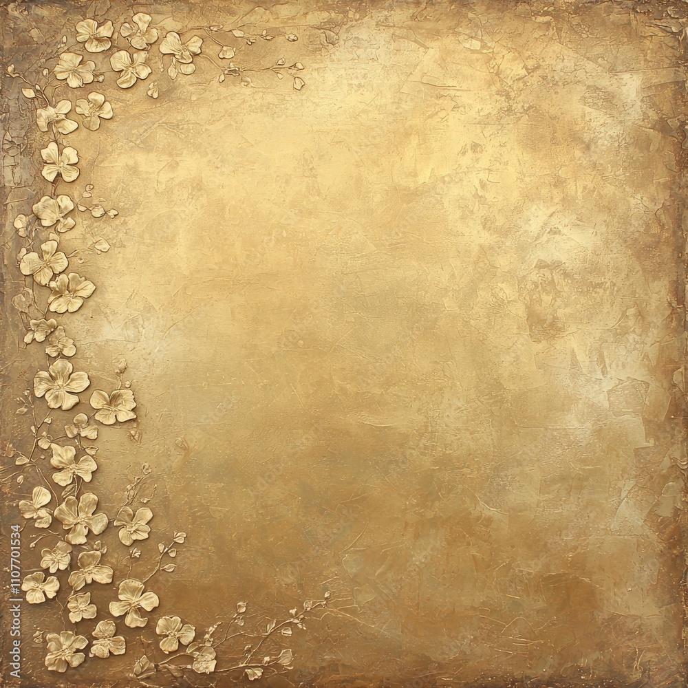 Fototapeta premium Golden textured background with embossed floral border.