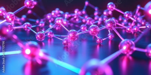 Bonding structure of materials science are relying on knowledge from physics chemistry biology and geology. Abstract molecular structure with glowing spheres