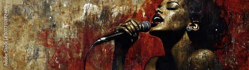 Female jazz singer passionately performing with a vintage microphone, set against a textured, warm-toned background. Capturing the essence of music, soul, and expression. Generative AI.