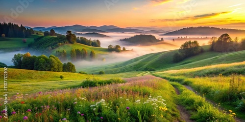 Early Morning Mist Over Lush Hills in a Pastoral Landscape Captured in Panoramic Photography for Nature Enthusiasts and Scenic View Lovers