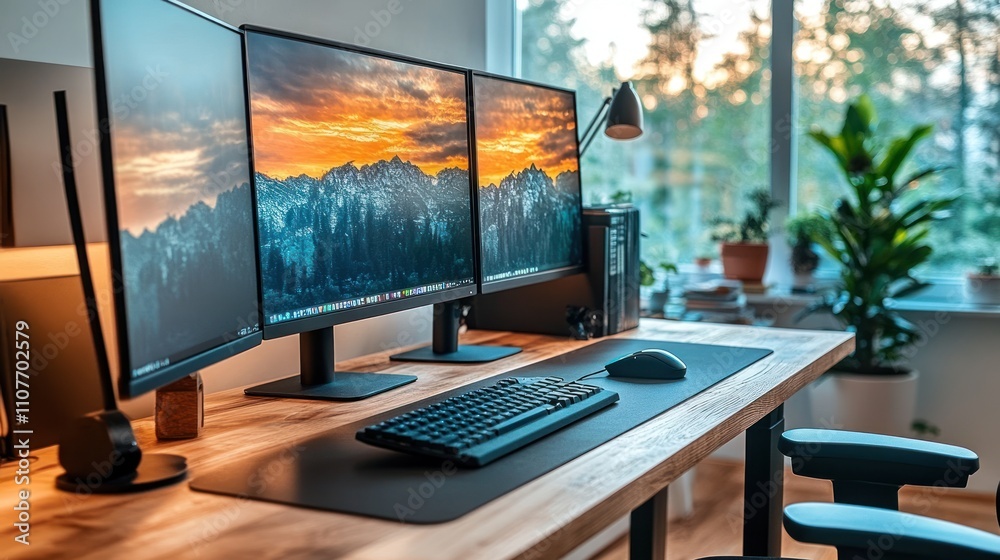 Fototapeta premium Modern minimalist home office setup with triple monitor workstation, wooden desk, keyboard, mouse, and plants.