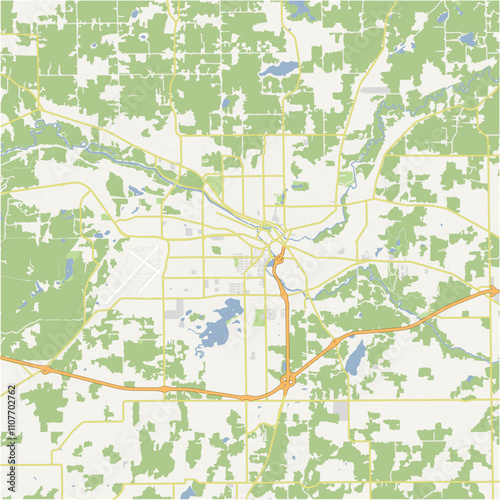 Map of Battle Creek in Michigan in a normal road map style. Contains layered vector with roads water, parks, etc.