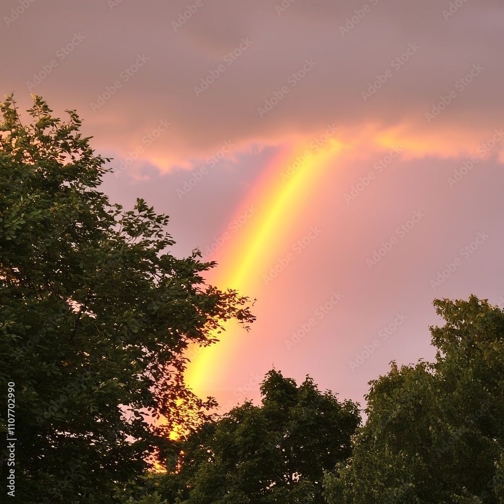 Partial rainbow appearing through trees at sunset.