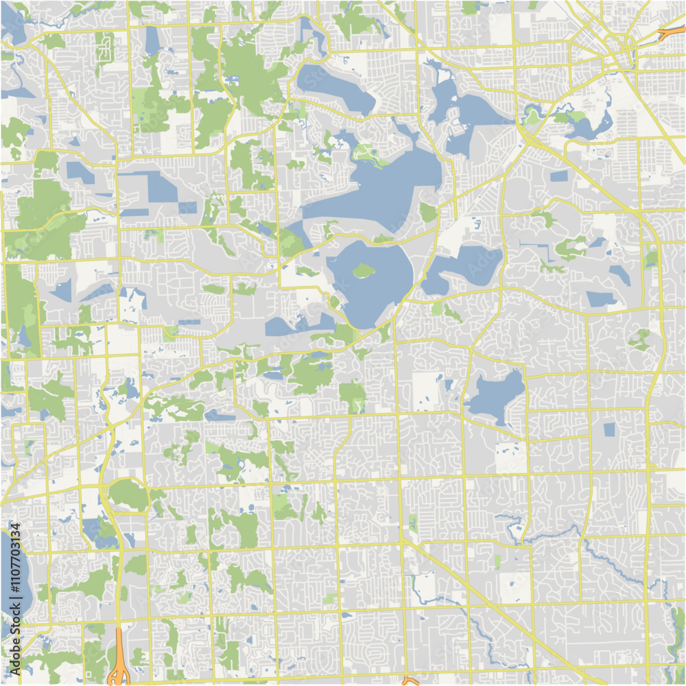 Fototapeta premium Map of West Bloomfield Township in Michigan in a normal road map style. Contains layered vector with roads water, parks, etc.