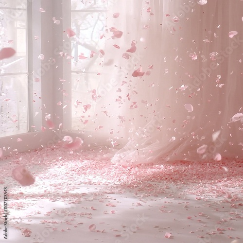 Pink petals falling in bright room.
