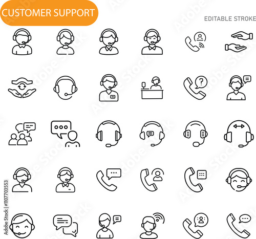 Customer Support Icons Help, Service, Assistance, Call Center, Hotline, Headset, Chat, Communication