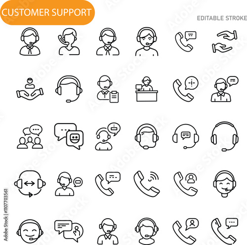Customer Support Icons Helpline, Service, Assistance, Agents, Communication