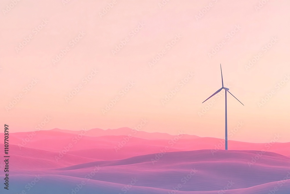 Fototapeta premium Serene Wind Turbine on a Dreamy Pink Landscape at Dawn with Soft Pastel Colors and Rolling Hills in the Background Evoking a Sense of Calm and Sustainability