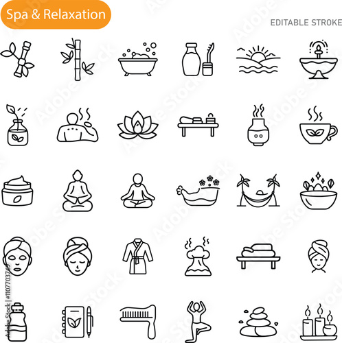 Spa Relaxation Icons Wellness, Serenity, Treatments, Bath, Yoga, Nature