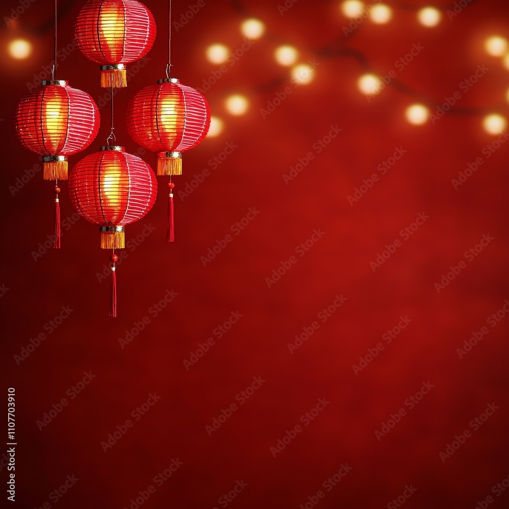 Fototapeta premium Red Chinese lanterns illuminated against a dark red background with fairy lights.
