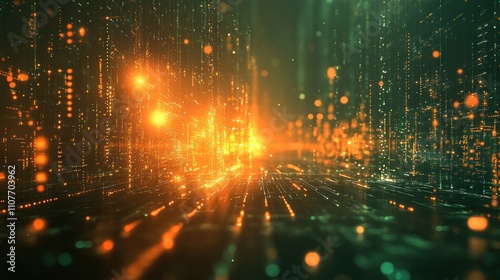 Abstract digital city with glowing lines and particles.