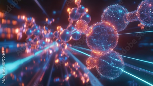 Bonding structure of materials science are relying on knowledge from physics chemistry biology and geology. Abstract molecular structure with glowing particles