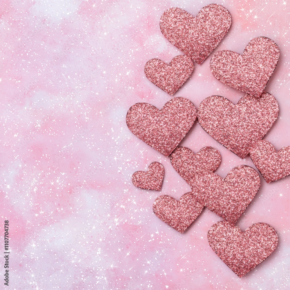 Fototapeta premium Rose gold glitter hearts on pink background.