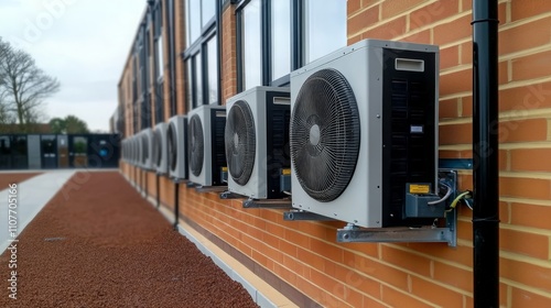 Air Source Heat Pump Installation on School Building Wall, Energy-Efficient HVAC System, Modern Technology in UK School