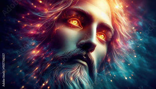Illustration of a Face with Eyes of Fire in a Celestial Sky of Dramatic Clouds - Christian Background About God