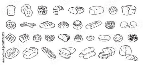 Bread different types hand drawn doodle outline icon set. Bread engraving, line art. Wheat products, baked goods, bakery