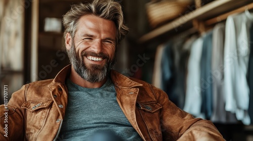 A bearded man with a warm smile wears a brown jacket, seated in a cozy place surrounded by hanging clothes, exuding warmth and style in a casual setting. photo