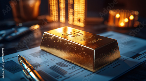 gleaming gold bar rests on financial documents, symbolizing wealth and investment. warm glow of surrounding lights enhances luxurious feel of this scene photo