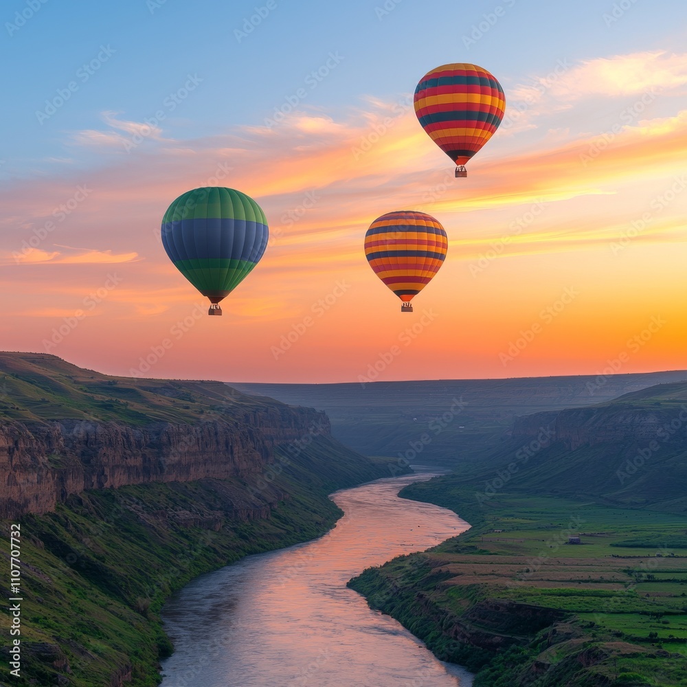 Fototapeta premium Three hot air balloons fly over a scenic river canyon at sunset.