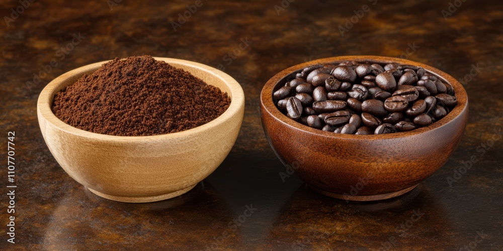 Rustic wooden bowls brim with ground coffee and beans, exuding an aromatic invitation to savor the rich pleasures of the coffee-making ritual. Rustic wooden bowls brim with ground coffee and beans, exuding an aromatic invitation to savor the rich pleasures of the coffee-making ritual.