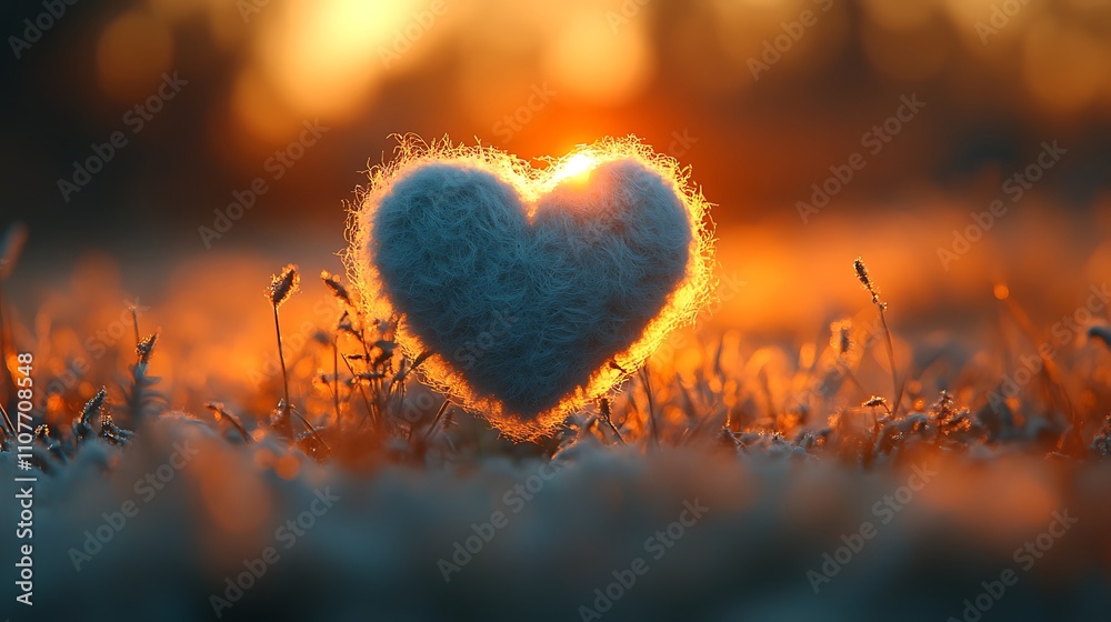 Fototapeta premium A romantic heart-shaped symbol in the grass and field under a bright blue sky with clouds, celebrating love and passion on a perfect day