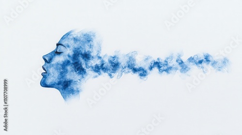 A serene blue silhouette of a profile with wisps of smoke emanating, suggesting calmness and introspection. photo