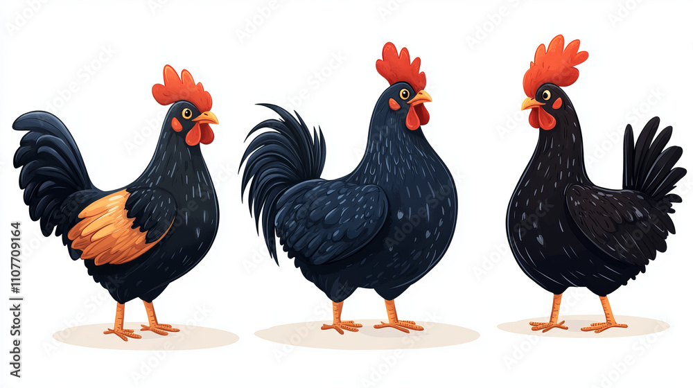 Fototapeta premium three black chickens: a rooster and hen illustration for farm animal graphics