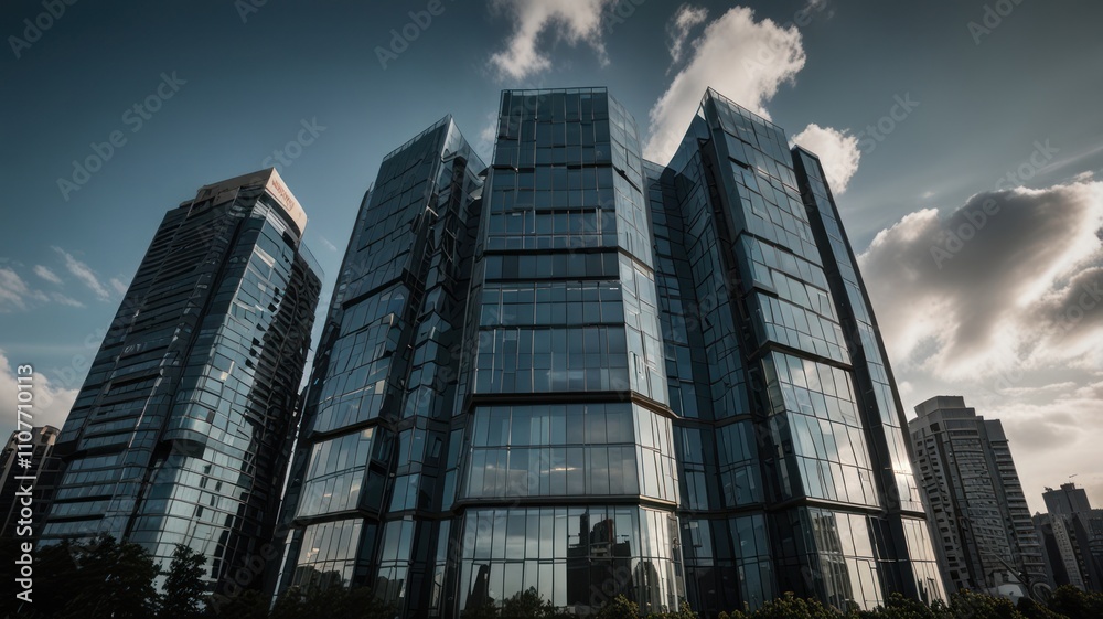 Fototapeta premium Modern glass skyscrapers against a dramatic sky.