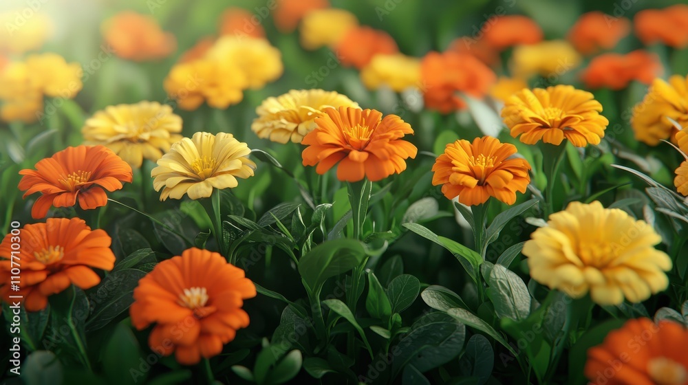 A vibrant display of orange and yellow flowers blooming amidst lush green foliage, illuminated by soft, warm sunlight. A vibrant display of orange and yellow flowers blooming amidst lush green foliage, illuminated by soft, warm sunlight.
