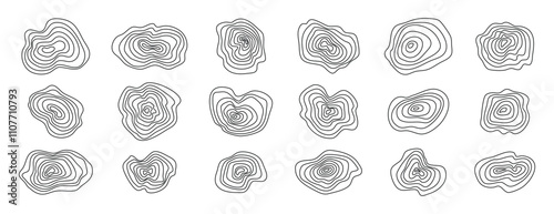 Organic textures of mountains set topographic lines. Abstract wooden round shapes. Vector scribbles