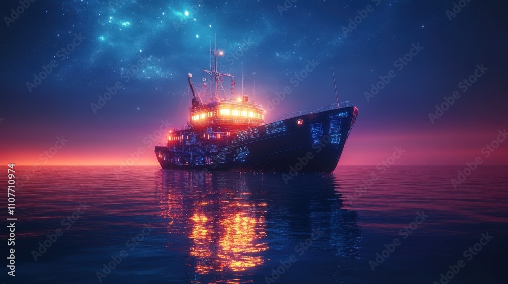 Fototapeta premium A glowing AI-driven ship under nighttime ambiance with operational data visuals