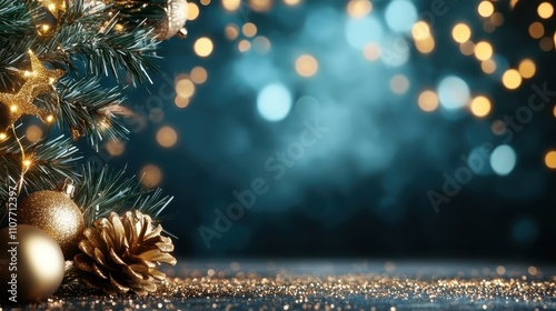 A sparkling festive corner showcasing a Christmas tree adorned gorgeously with golden ornaments, evoking an enchanting and warm holiday spirit in seasonal gatherings. photo