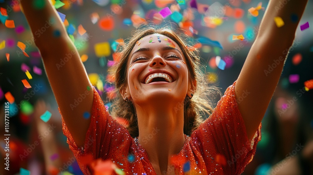Obraz premium A woman experiencing joy, with her arms raised and a big smile on her face, surrounded by colorful confetti in a celebratory atmosphere A vibrant and uplifting image of pure happiness.