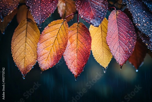 A detailed shot of wet autumn leaves with vibrant colors like red, orange, and yellow, gently illuminated by soft natural light, hanging from a tree branch on a rainy day 1 photo