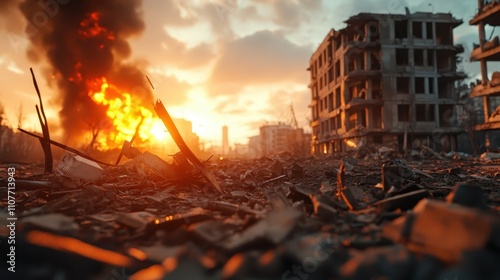 Rubble and debris remain after a devastating explosion, with flames and smoke in the background as the sun sets dramatically over the horizon. photo