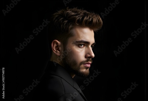 Perfect beard. the young man closed his eyes and turned his head in profile. Close-up portrait of young bearded man on black background