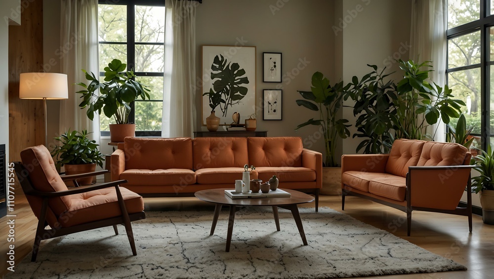 Obraz premium Mid-century modern living room with a sofa and plants.