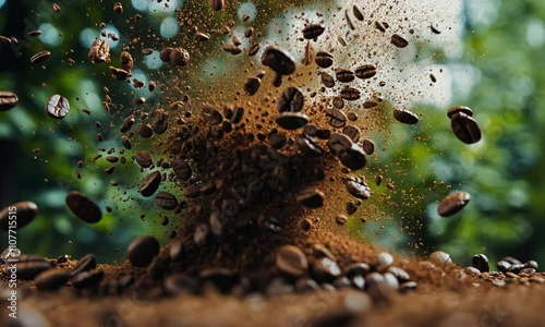 Exploding Cloud of Ground Coffee Beans and Dust Against a Lush Green Background photo