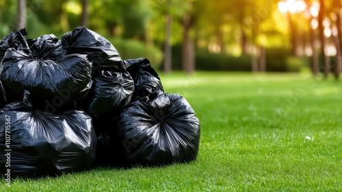 A neatly stacked pile of black trash bags rests on lush green grass, highlighting waste management themes amidst a serene park backdrop with abundant greenery. photo