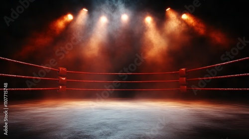 A dimly lit boxing ring features dramatic red ropes and a smoky atmosphere under intense theater spotlights, creating a sense of anticipation and battle readiness. photo