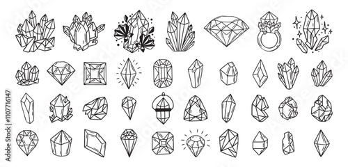 Mystical crystals or diamonds isolated clipart bundle set. Magic crystals hand drawn, crystals doodle, line gem stones isolated items on white esoteric