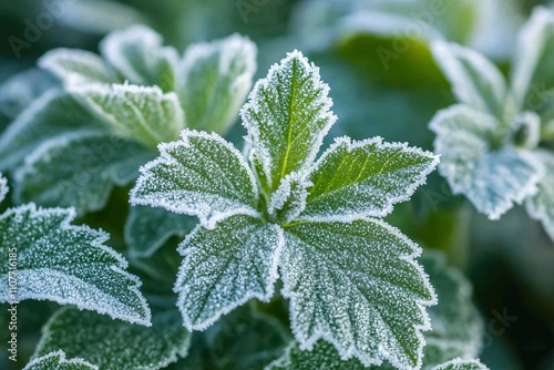 Frost-covered green leaves glistening in the early morning light, showcasing delicate details of nature's winter wonderland and the beauty of frosty mornings.