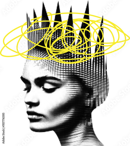 Young girl introspection collage, Psychology thoughts collage element transparent background, Modern y2k girl digital collage, Psychological problems grunge photocopy magazine clipping