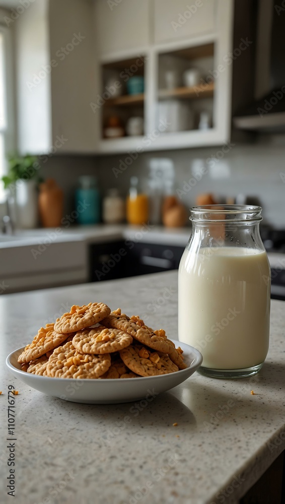 Milk, corn flakes, and cookies on a modern kitchen counter. Milk, corn flakes, and cookies on a modern kitchen counter.