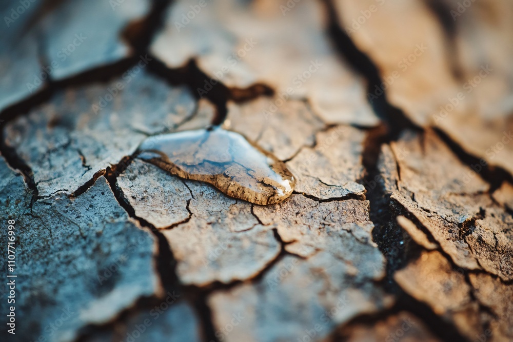 Obraz premium Close-Up View of a Single Drop of Water on Dry, Cracked Soil Highlighting Nature's Resilience and the Effects of Drought in Arid Environments