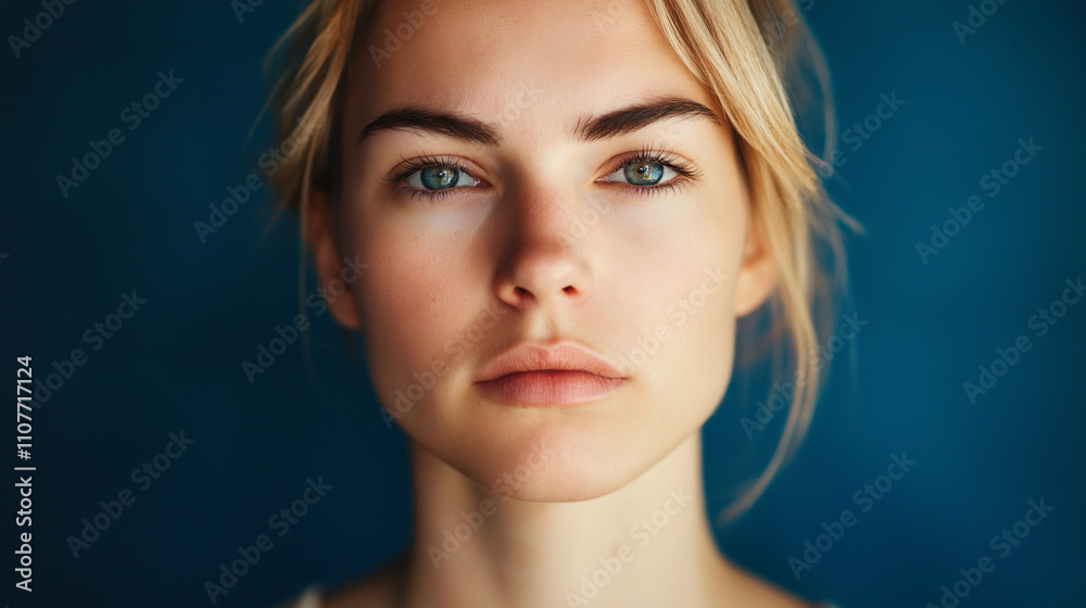 Fototapeta premium A close-up portrait of a serene Caucasian woman with an innocent expression against a calming blue background, highlighting purity, tranquility, and natural beauty.